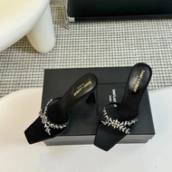 YSL Saint Laurent High Heel Sandals Slippers French Satin Rhinestone Sandals Women Summer Saint Laur