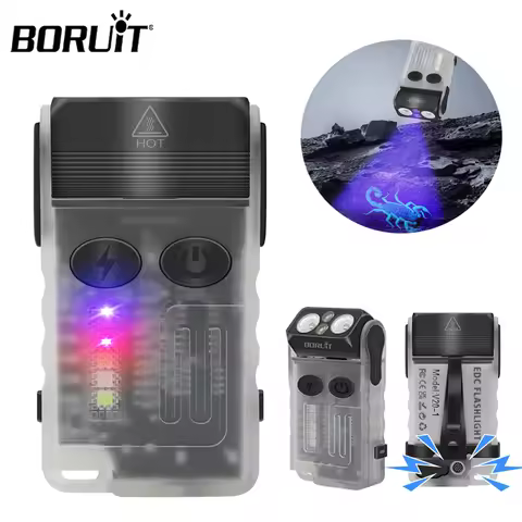 BORUiT V20 LED Flashlight Keychain 180°Rotation UV Magnetic Beep Clip USB-C Rechargeable Camping Fis