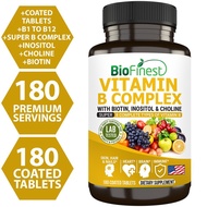 Biofinest Vitamin B Complex Tablets-B1B2B3B5B6B7B9B12 Biotin Inositol Niacinamide-Brain Hair (180 Ta