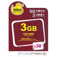 中國移動香港 - 鴨聊佳 3日【中國內地】(3GB) 5G/4G/3G 無限上網卡數據卡SIM咭