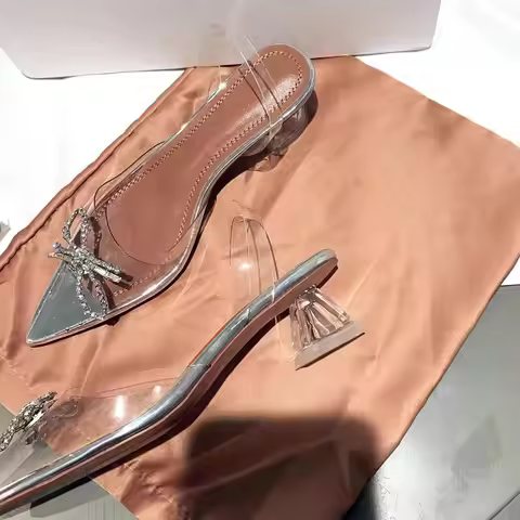 Summer New Pointed Rhinestone Odd Heel Shoes Stiletto Ladies Sun Decoration Wild Fairy Shoes PVC Tra