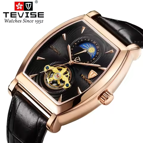 Tevise 8383 Automatic Winding Watch Business Men Mechanical Watch Tourbillon Leather Moon Phase Watc