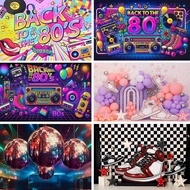 80s Retro Disco Photographic Backdrop with Boombox Sneaker Checkerboard Design for Adults 80s Themed