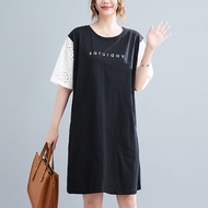 【Dress Oversize】(150kg Could Wear) Women Short Sleeves Plus Size Midi Dress Hollow Splicing Letters Printed Korean T-shirt Dress