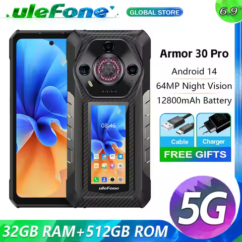 Ulefone Armor 30 Pro NFC 16GB+512GB 5G Rugged Android 14 6.9" 120Hz 12800mAh 64MP Night Camera Dimen