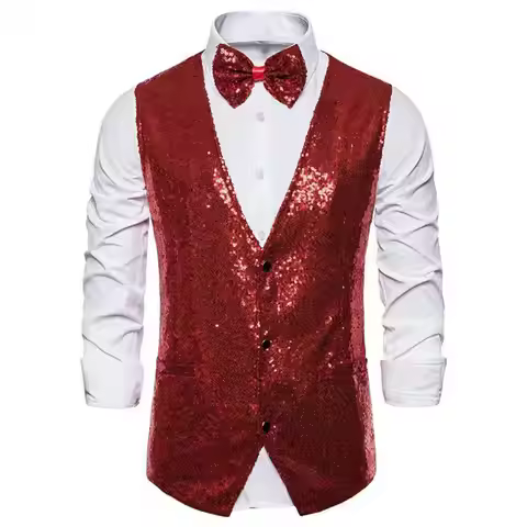 Men Sequin Waistcoat Sleeveless Slim Fit Shiny Vest Party Wedding Waistcoat Suit Vest Men Stage Perf