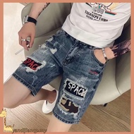 Ready Stock Summer Retro Ripped Denim Shorts Men's Loose Straight Knee-Length Pants Celana pendek le