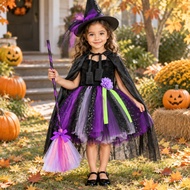 Girls Witch Tutu Dress Kids Elphaba Wicked Witch Costume with Witch Hat Broom Toddler Halloween Car