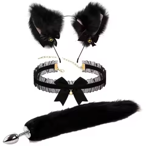 3Pcs Fox Tail Anal Plug with Bow-Knot Cat Ears Headbands And Collar Soft Erotic Cosplay Couples Acce