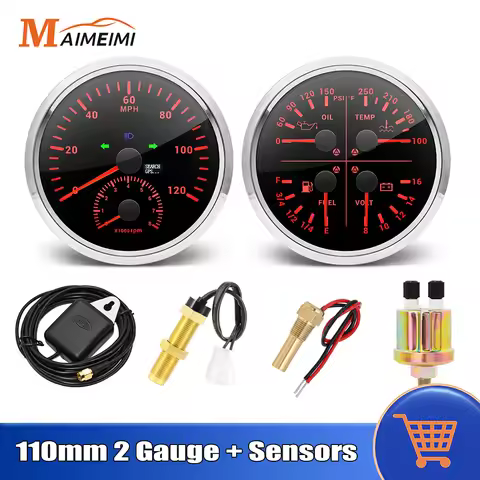 AD 110mm Gauge Set GPS Speedometer+Tachometer 4 in1 Oil Pressure Fuel Level Voltmeter Water Temp Wit