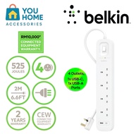Belkin 4-outlet Surge Protector Power Extension Socket with USB-C and USB-A Ports (2m)
