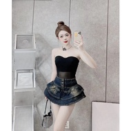 ELWYN flared jean skirt, dark blue 2-layer short denim skirt, size S M L 6236