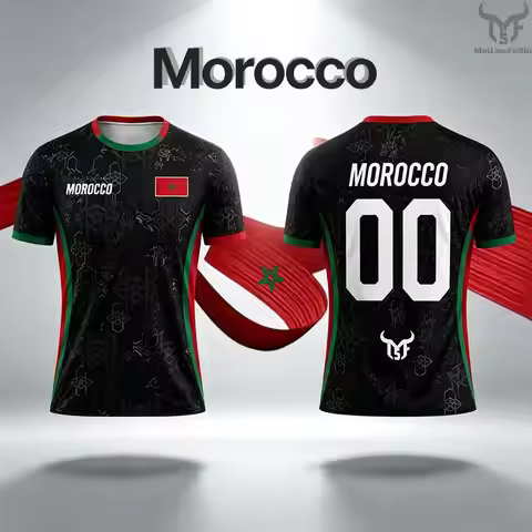 Morocco Flag Print Football Jersey Summer Customizable Name Number O-neck Short-sleeved Men Women Ki