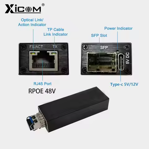 Xicom Mini RPOE 1.25G Media Converter Slot SFP Transceiver Module 5V DC Type-C input 1 SFP Slot 1 RJ