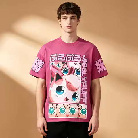 Men's Pokemon Jigglypuff Anime Graphic T-Shirt, Magenta Pink Kawaii Cotton Short Sleeve Tee