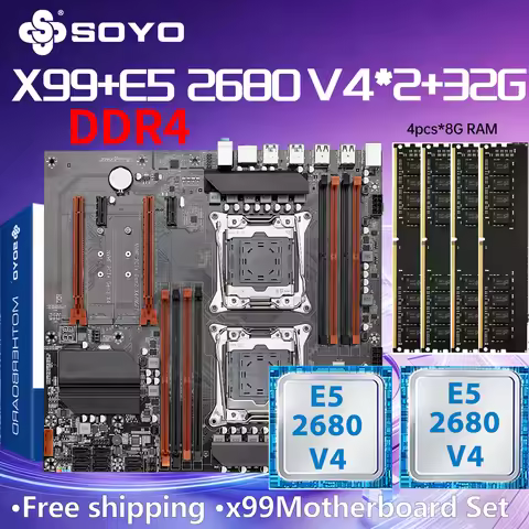SOYO X99 Dual Gaming Motherboard E5 2680 V4*2 CPU DDR4 RAM 32GB(8G*4) LGA2011-3 Kit lntel comb M.2 D