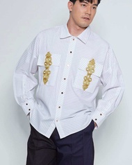 White Stripe Shirt with Gold Embroidered