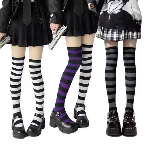 Thigh High Y2k Stockings Womens Striped Ladies Girls Black White pink Long Over Above Knee Socks fem