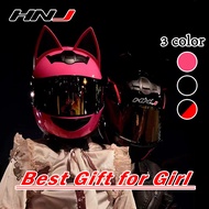 HNJ Full Face Helmet Motorcycle with Cat Ear Black Visor Binaural Helmet Size L