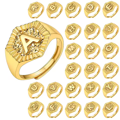 U7 Hexagon Surface 3D Embossed A-Z Initial Letter Rings for Man Woman Adjustable Size A-Z 14k Gold C