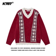 เสื้อสเวตเตอร์คอวีสีแดงสไตล์อเมริกันย้อนยุค K787 สำหรับผู้ชายและผู้หญิง สายรัดสร้อยคอแบบลำลอง ฤดูหนา