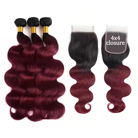 1B/99J Burgundy Body Wave Human Hair Bundles With Closure 4x4 Transparent Swiss Lace 12A Brazilian 1