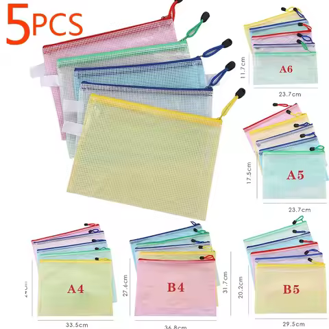 5PCS A3 A4 A5 A6 B5 Pocket Folder Stationery Storage Folder File Mesh Zipper Pouch Document Bag File