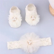 Cute Pearl Bows Baby Headband Socks Set Non Slip Cotton Sock Lace Flower Newborn Hair Band Turban Gi