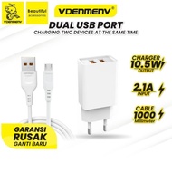 VDENMENV DC02VTL Phone Travel Wall Charger + Data Cable 10.5W 5V 2.1A Dual USB EU Plug White Black