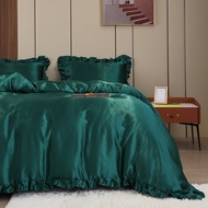 3PCS Satin Duvet Cover Set Silk Green And Blue Bedding Comforter Cover Silky Ruffle Pattern Luxury S