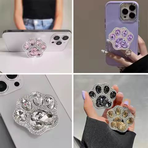 3D Cute Cat Paw Diamond Folding Finger Ring Griptok Phone Holder for IPhone 16 15 Support Socket Poc