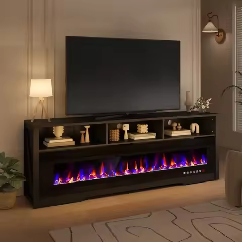 65 Fireplace TV Stand with Glass Electric Fireplace for 75 inch TVs Modern TV Console with 60 Electr