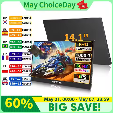 HGFRTEE Protable Monitor 14.1 Inch Full HD 1200P 16:10 Dual Speakers Dual Type-c and MINI HDMI for M