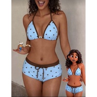 Peachy bikini - Women's blue-brown polka dot string bikini