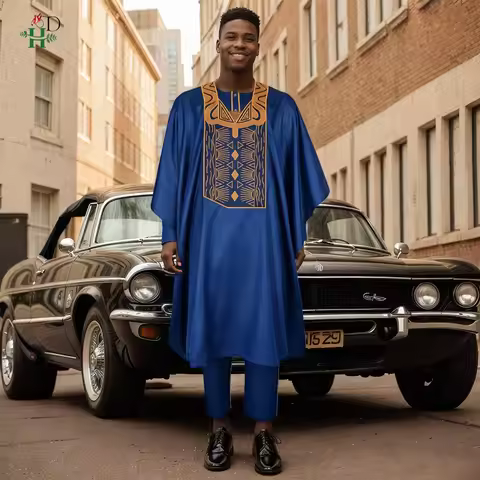 New African Men's Traditional 3PCS Outfit Thobe Set Blue Agbada Embroidered Robe Plus Size For Weddi