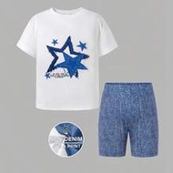 2pcs/Set Young Girl Summer Casual Fashionable Street Chic Daily Star Slogan Print Short Sleeve T-Shi