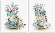 Stupell Industries 'Stacked Teacup Chinoiserie', 2pc Canvas Art Set 2, 24 x 30 Inches, Easy to Hang 