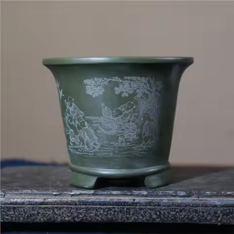 Purple Clay Flower Pot Round Handmade Pot Bonsai Pot Desktop Bonsai Pot Antique Style Carved Patten
