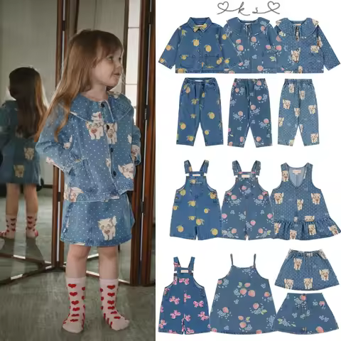 2026 KS Spring Baby Girls Denim Jackets Jeans Skirts Suits Sets Cartoon Kitten Dresses Kids Clothes 