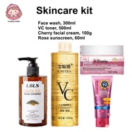 Skincare kit: Face wash, VC toner, facial cream, Rose sunscreen Whitening moisturizing anti-aging