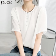 Esolo ZANZEA เสื้อคอกลมสีแขนสั้นแข็งสำหรับผู้หญิงเสื้อลำลองสไตล์เกาหลี #10