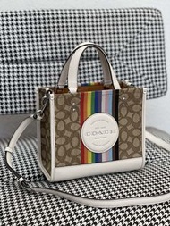 Coach Dempsey Tote 22 In Signature Jacquard With Rainbow Stripe and Coach Patch CJ576 彩虹彩色手袋