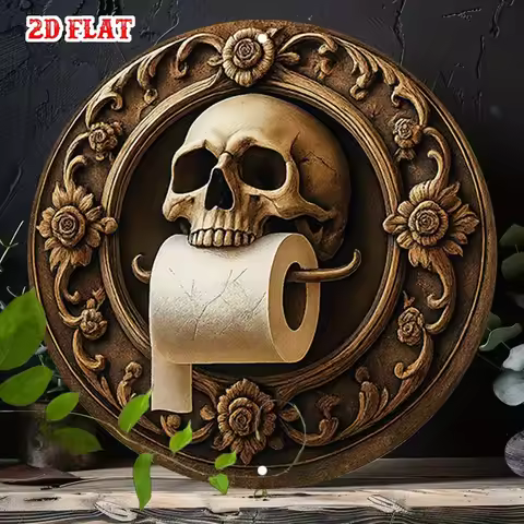 2D Flat, 1pc Gothic Skull & Floral Aluminum Wall Art - Rustic Round Metal Sign with Toilet Paper Hol