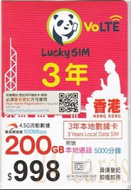 {荃灣24Cards} Lucky Sim 4.5G 1095日 250GB上網+10000MIN 3年卡 售260包郵