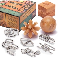 LESONG Brain Teasers Metal and Wooden Puzzles for Kids and Adults 9 Pack, Mind, IQ, and Logic Test a