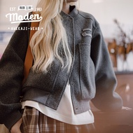 Maden Thương Hiệu Màu Xám Đen Dày Bóng Chày Cổ Áo áo khoác Jacket len Ngắn Với túi lớn Cho Phụ Nữ Tr