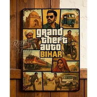 Grand Theft Bihar Parody Metal Sign Indian Street Culture Collage with Auto Rickshaw, Train & Police