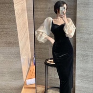 Promo D19 Korean midi bodycon velvet mix chiffon dress / vintage dress D19 Maxi Melar COD