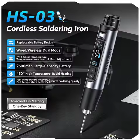 FNIRSI HS-03 Cordless Soldering Iron 10W Smart Portable Rechargeable Solder Pen 100-450℃ 0.96" HD Co