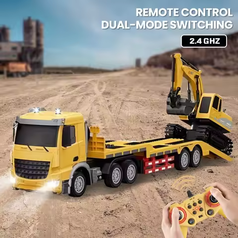 2 In 1 11CH R/C Trailer Flat Trucks Combination Truck Set with Excavator Engineer Vehicle 2.4G R/C C